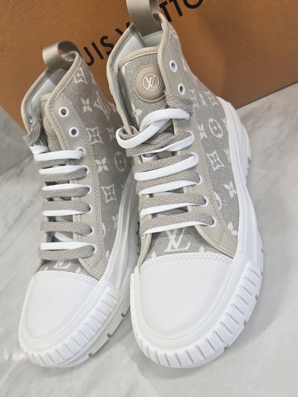 Louis Vuitton Beige Monogram High-Top Sneakers - Picture 3 of 12